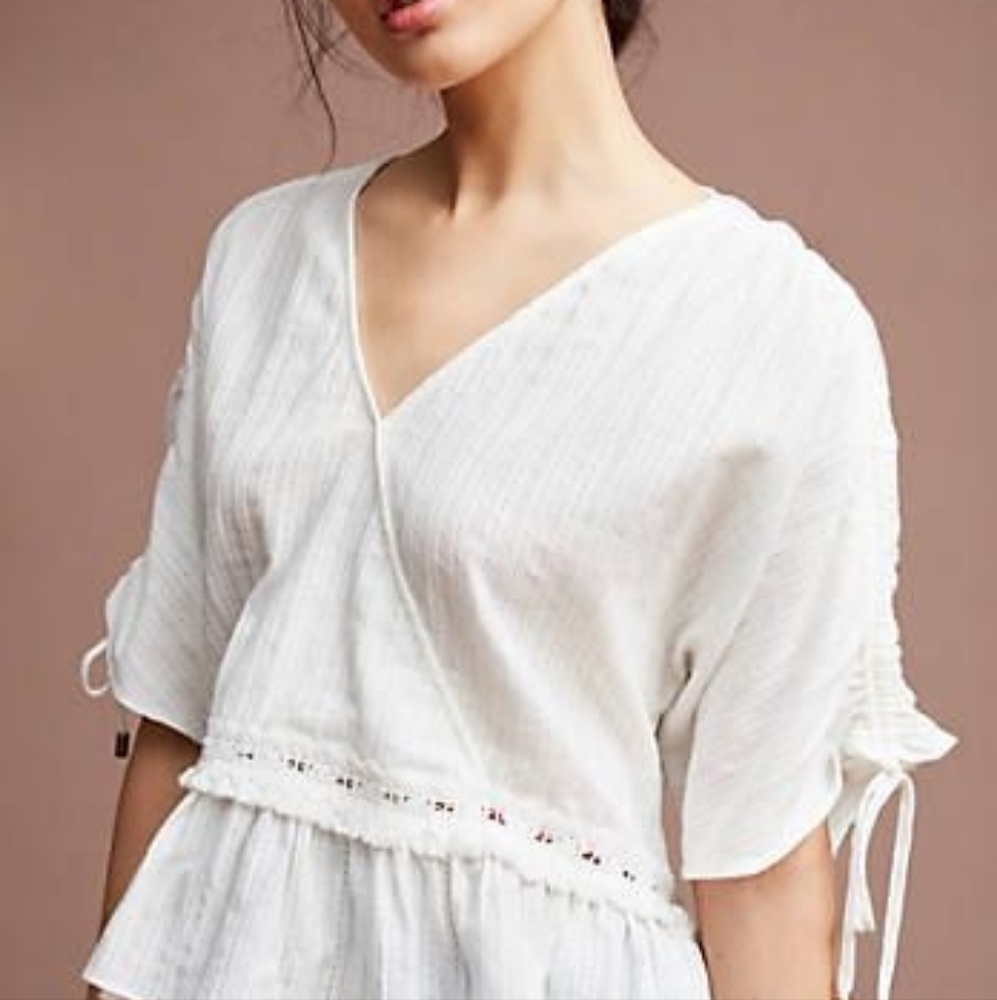 Maeve 100% Cotton - Anthropologie Pointelle Eyelet Lace Boho Blouse, V Neck